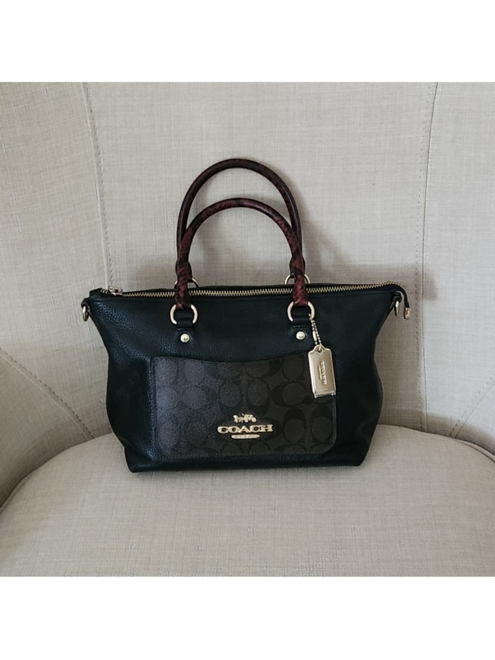 Coach Mini Emma Black Leather Satchel with Dark Brown Trim and Crossbody Strap - Picture 2 of 12